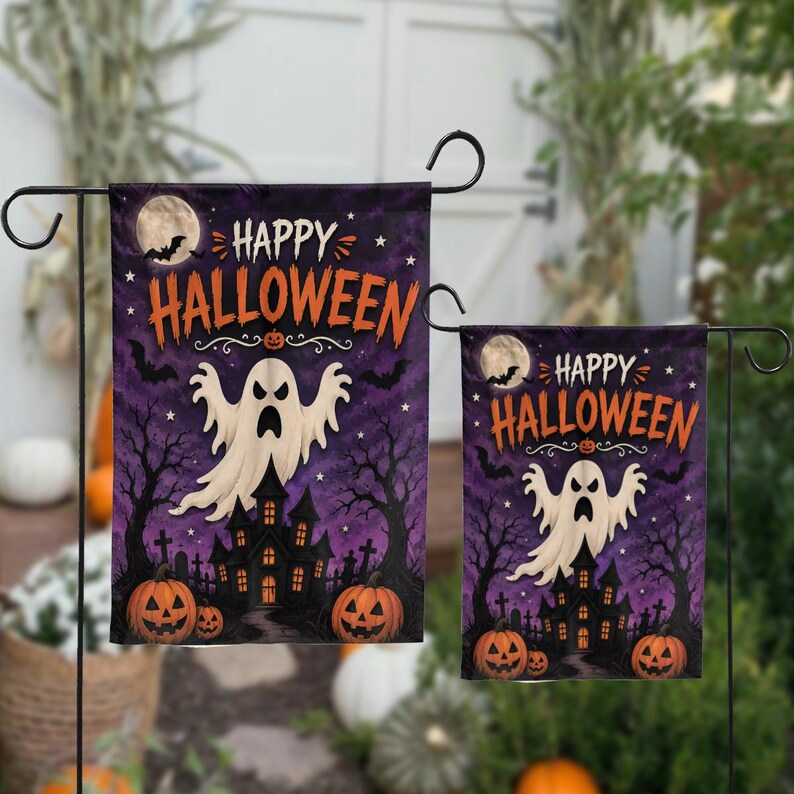 Happy Halloween Garden Flag, Ghost Halloween Flag, Spooky Pumpkin Yard Decor, Haunted House Flag, Fall Outdoor Decor. HLWGFPETAL19