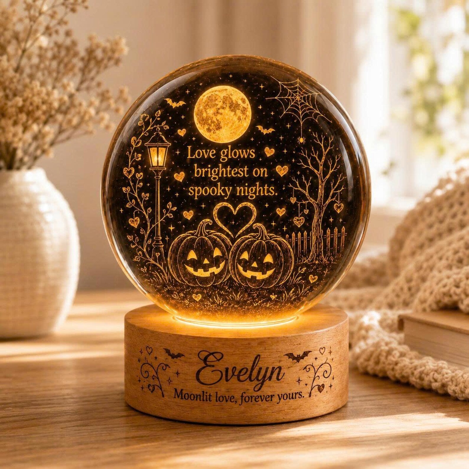 Personalized Halloween Moon Lamp, Custom Name Night Light, Pumpkin Couple LED Decor. LEDPETAL22