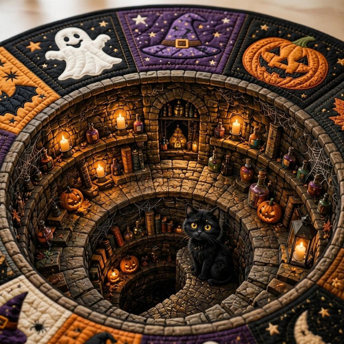 Halloween Round Quilted Rug, 3D Witch Dungeon Illusion Rug, Black Cat Halloween Rug, Spooky Witchy Floor Mat, Halloween Home Decor. QRPETAL27