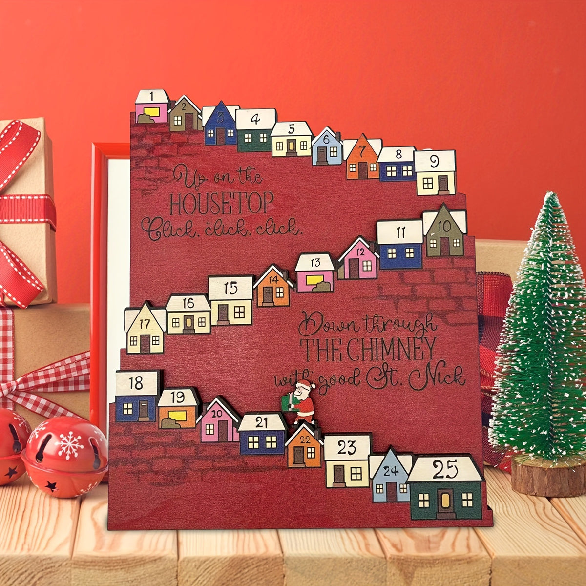 Wooden Christmas Rooftop Advent Calendar, 25-Day Santa Holiday Countdown with Colorful Houses – ACPETAL06