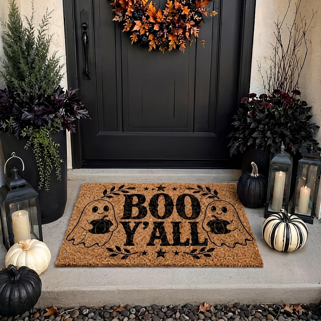 Boo Y’all Doormat, Halloween Ghost Welcome Mat, Fall Porch Decor, Funny Halloween Coir Doormat. DMPETAL23