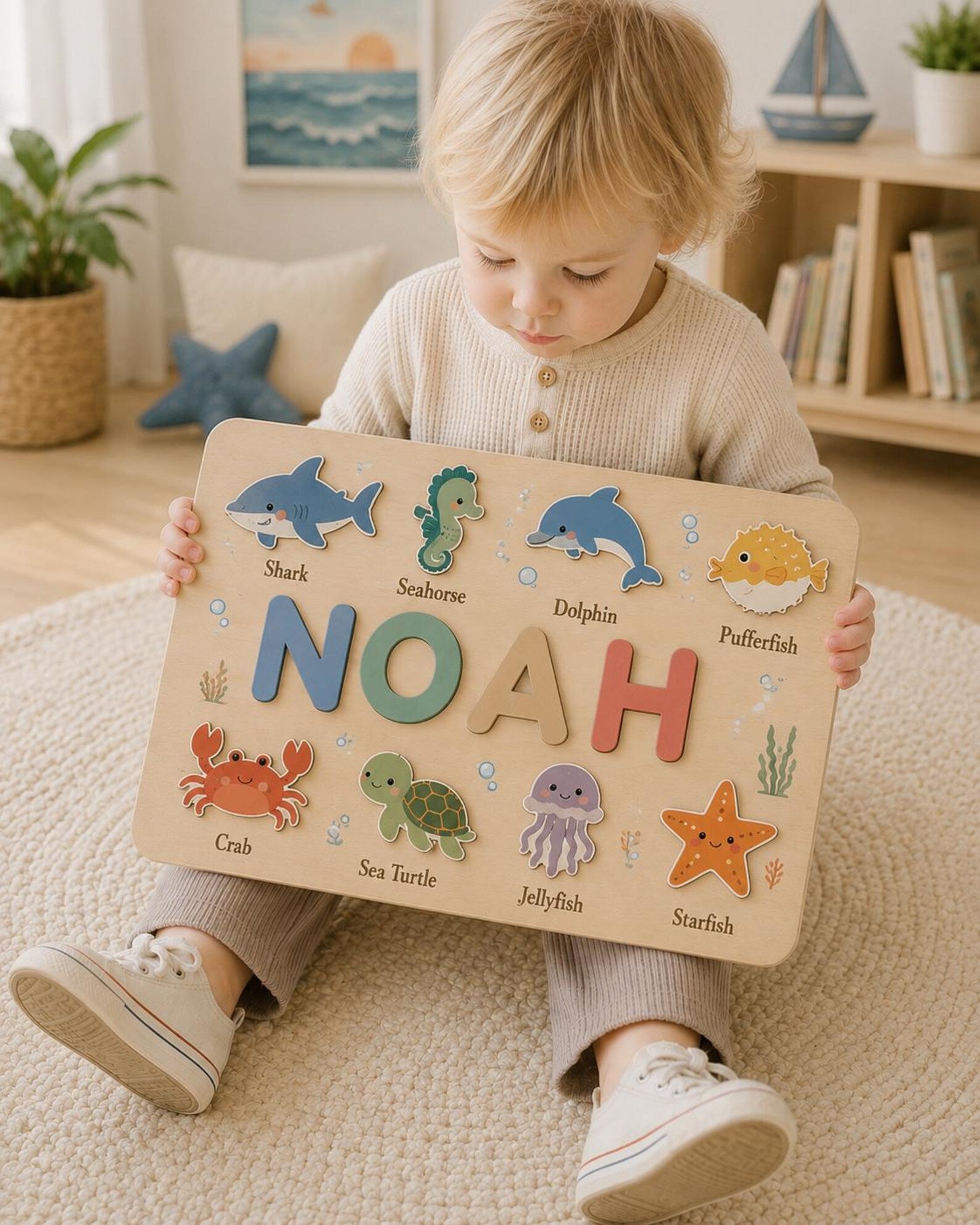 Personalized Ocean Animal Name Puzzle | Custom Sea Creature Wooden Puzzle | Montessori Toddler Learning Toy | Nursery Decor Gift. NPPETAL17