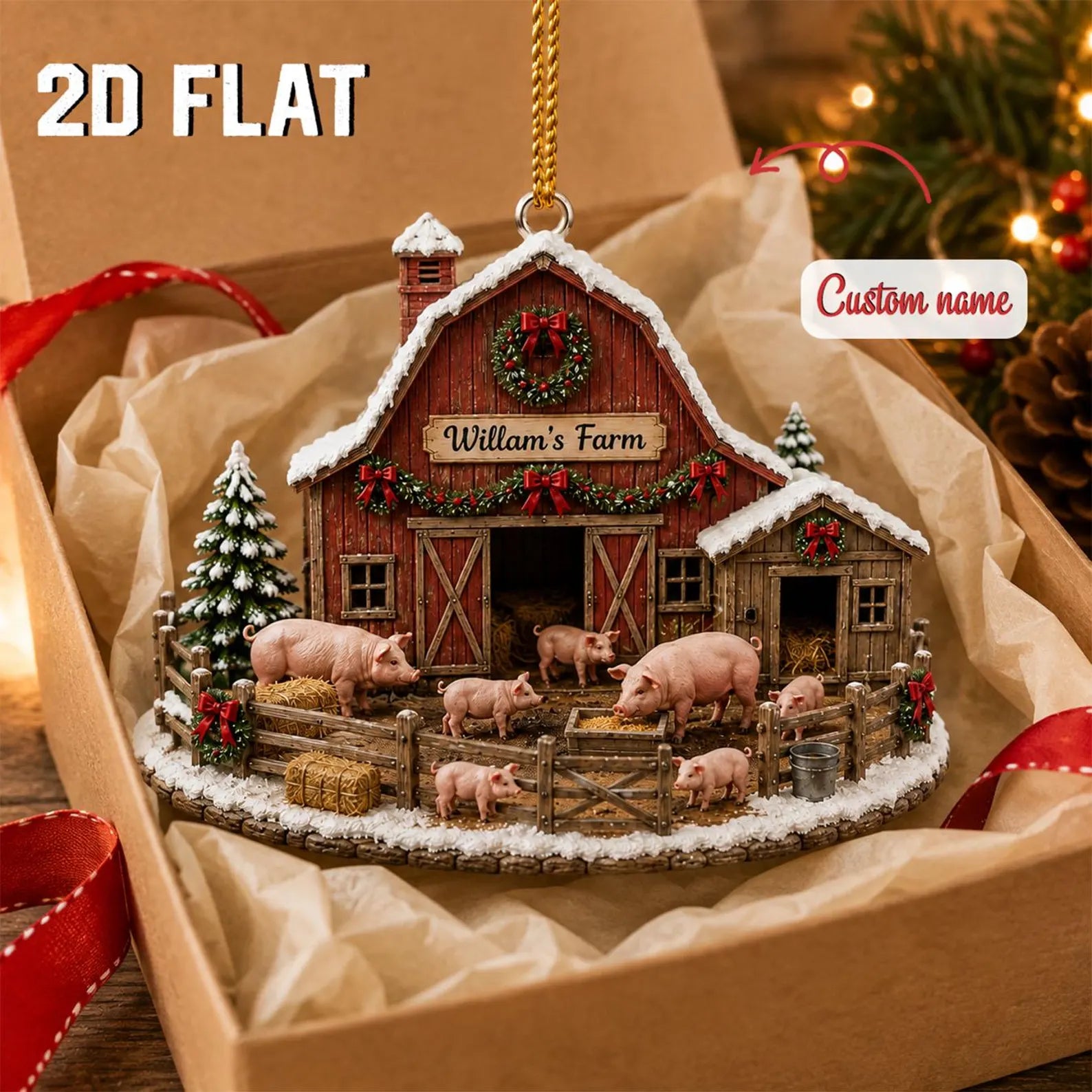 Personalized Farm Christmas Ornament, Custom Name Pig Barn Ornament, Farmer Family Gift, Rustic Wooden Homestead Christmas Decor	COPETAL33