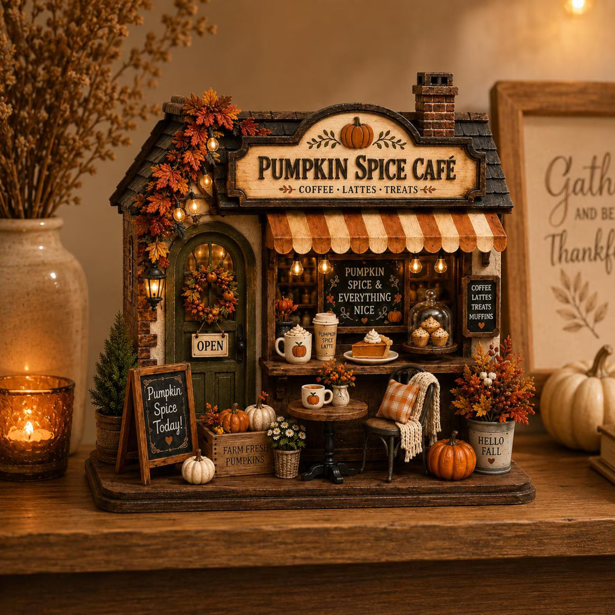 Door Hangers Personalized Autumn Coffee Shop Wooden Block, Custom Fall Café Shelf Decor, Rustic Harvest Village House, Cozy Thanksgiving Gift. WBPETAL8