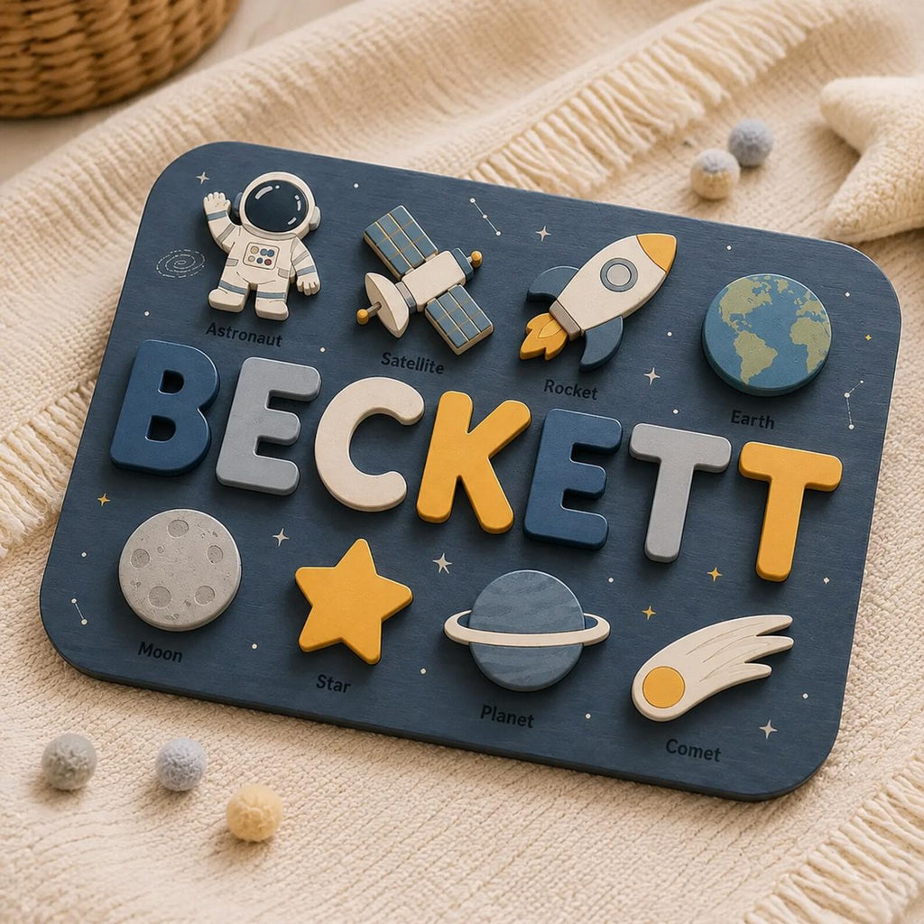 Personalized Space Name Puzzle | Astronaut Rocket Wooden Name Puzzle | Custom Toddler Puzzle | Montessori Baby Gift. NPPETAL23