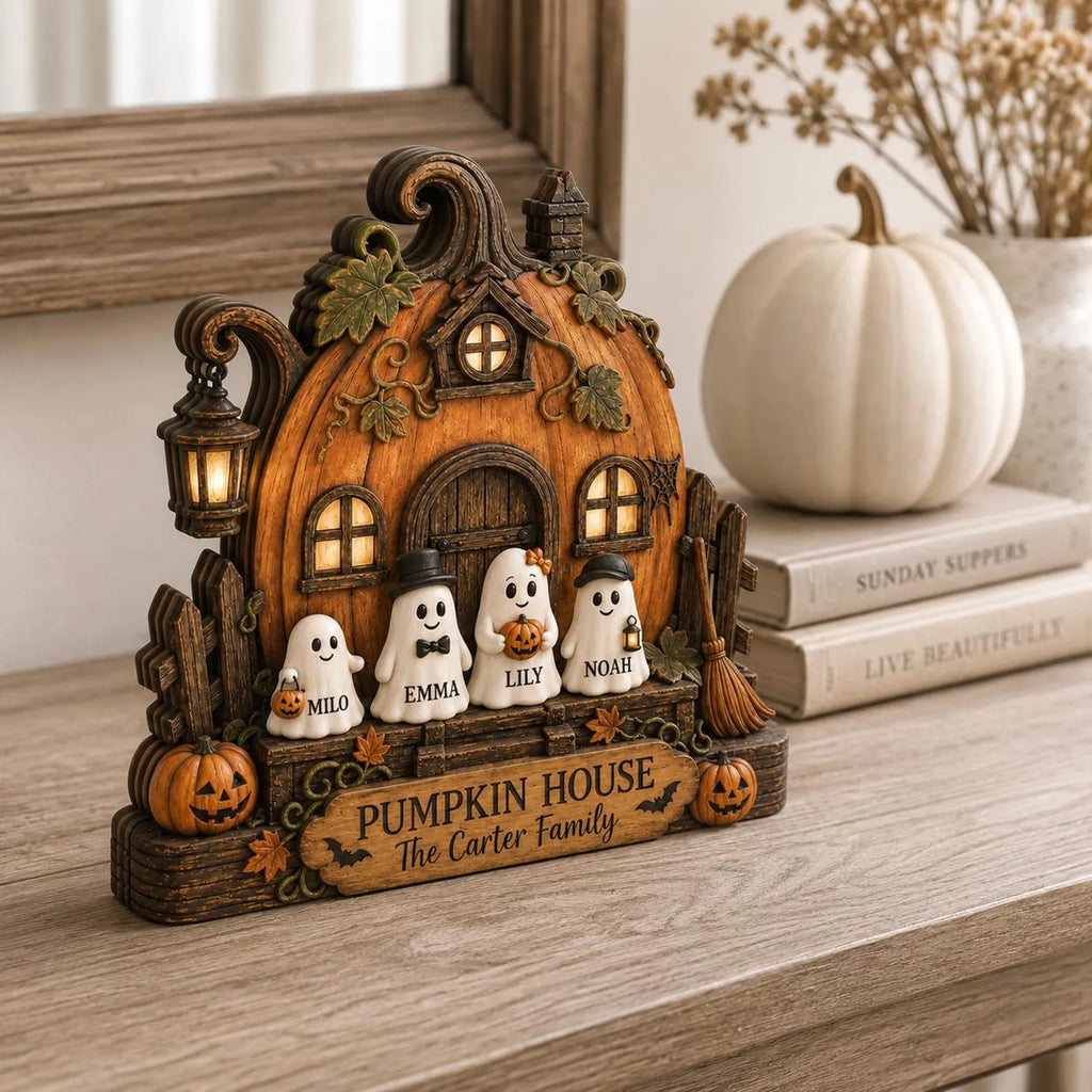 Custom Haunted Home Wooden Block, Family Ghost Halloween Decor, Spooky Family Name Sign, Halloween Tabletop Gift. WBPETAL16