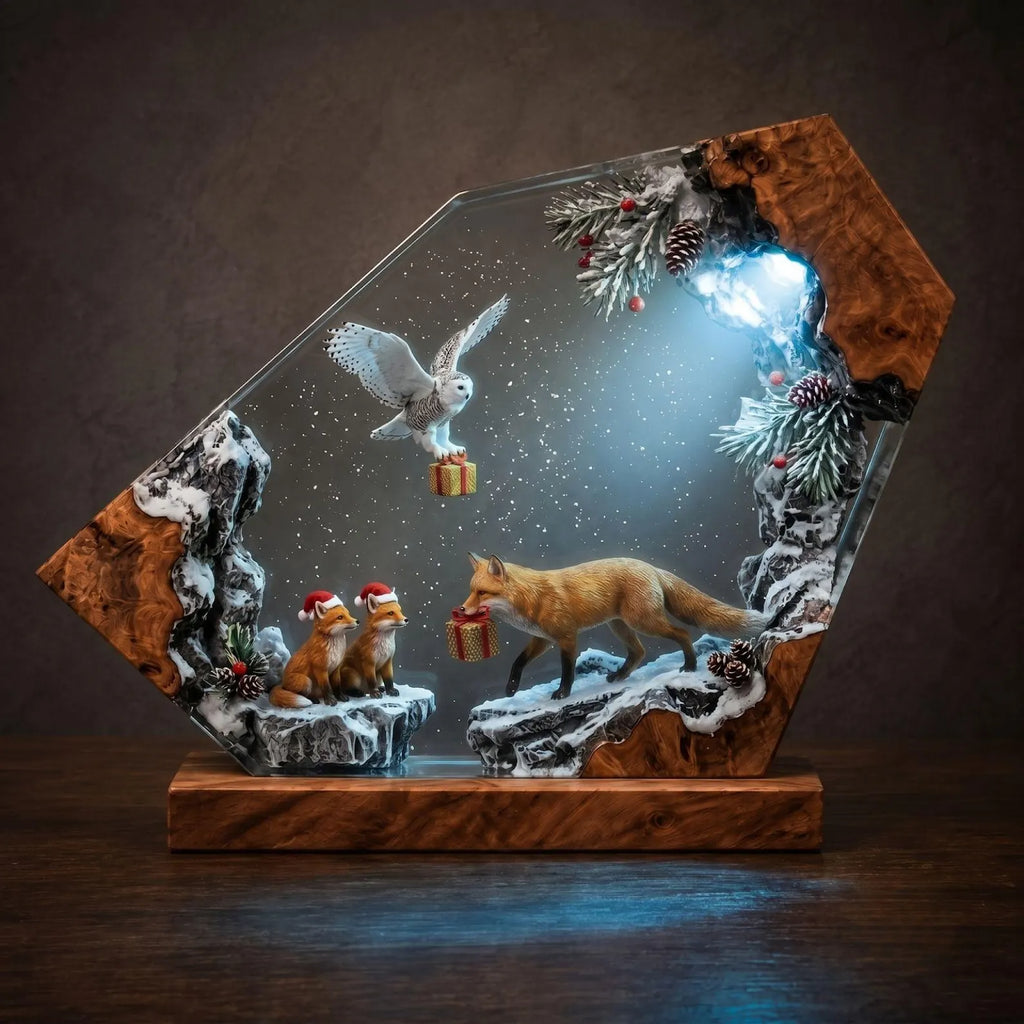 Snowy Owl and Fox Resin Lamp, Winter Wildlife Diorama Night Light, Rustic Burl Wood Lamp, Cozy Bedroom Accent Light, Nature Lover Gift. RLPETAL13
