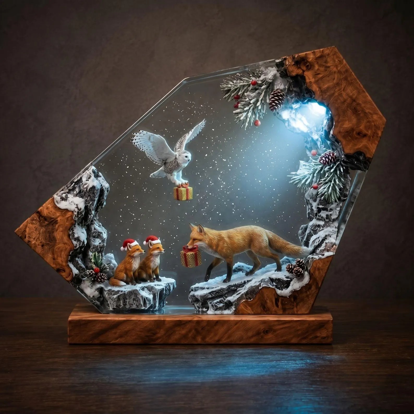 Snowy Owl and Fox Resin Lamp, Winter Wildlife Diorama Night Light, Rustic Burl Wood Lamp, Cozy Bedroom Accent Light, Nature Lover Gift. RLPETAL13
