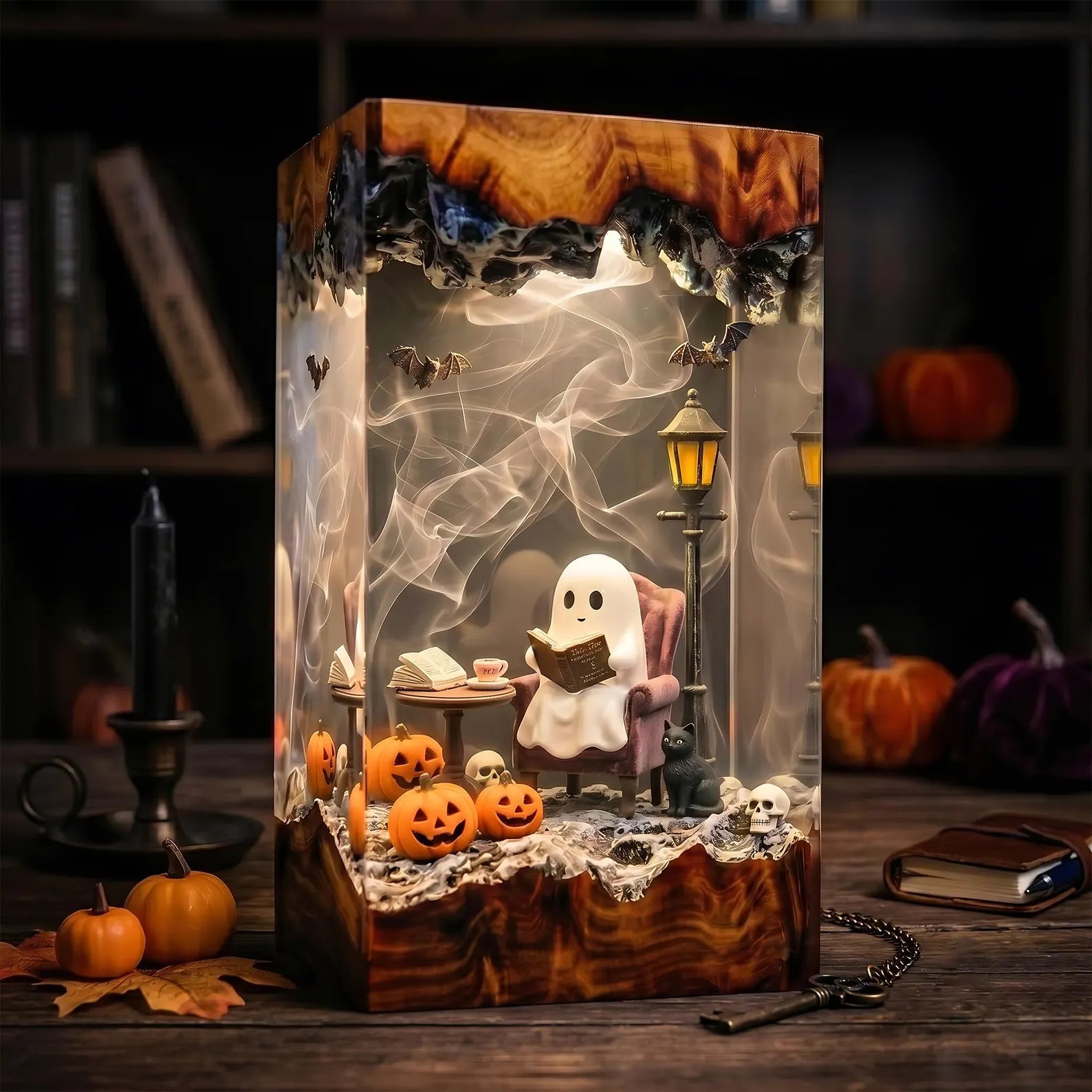 Halloween Reading Ghost Resin Lamp, Black Cat and Pumpkin Night Light, Cozy Retro Decor, Unique Gift for Book Lovers. RLPETAL15