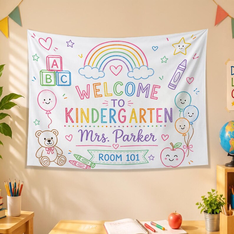 Kindergarten Classroom Banner, Personalized Teacher Tapestry, Welcome to Kindergarten Sign ,personalized teacher banner. Classroom Banner Custom Name. CBPETAL14