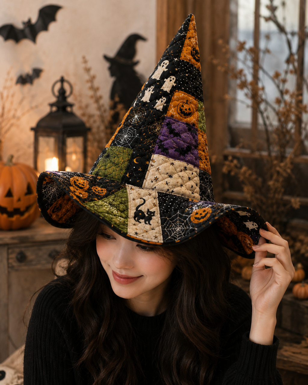 Halloween Patchwork Quilted Witch Hat – Soft Padded Witch Costume Hat with Pumpkin, Ghost & Black Cat Print. QWHPETAL4