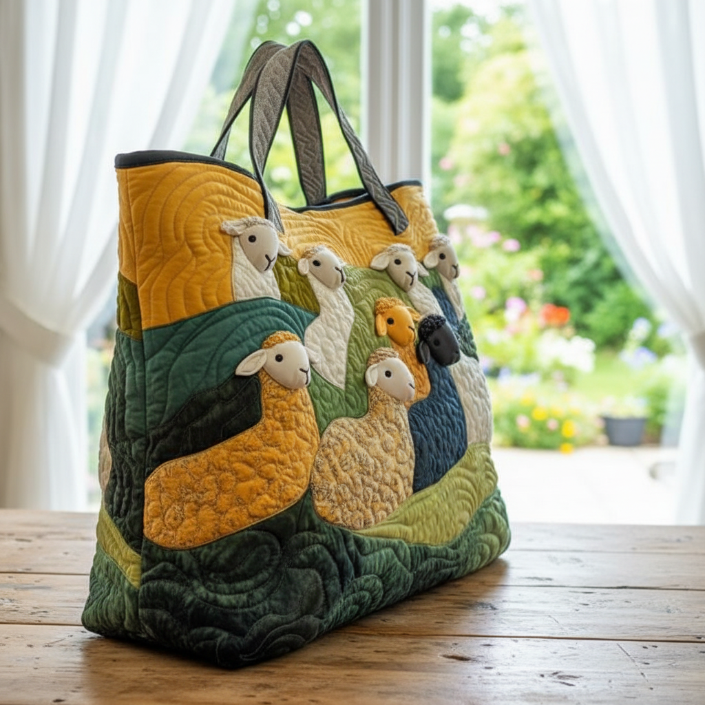 Colorful Sheep Quilted Tote Bag – Farmhouse Lamb Patchwork Shoulder Bag, Cottagecore Market Tote, Cute Animal Lover Gift for Women
