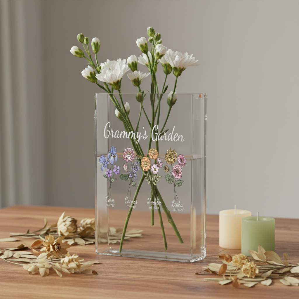 Custom Birth Month Flower Book Vase – Grandma’s Garden or Mom’s Garden Design, Meaningful Mother’s Day Gift for Grandmother, Floral Home Decor