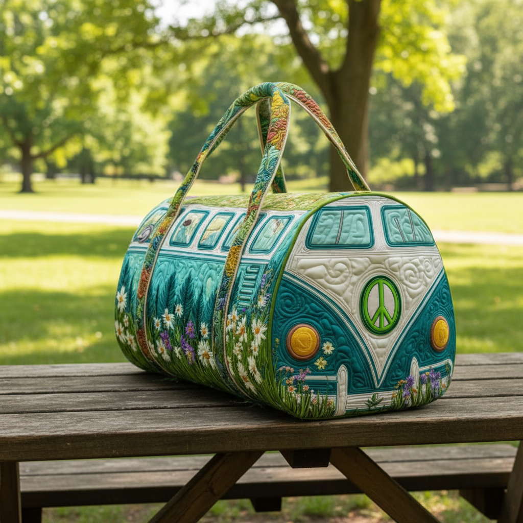 Green Camper Van Quilted Duffle Bag – Nature Floral Travel Weekender Tote, Boho Hippie Overnight Bag, Cute Outdoor Duffel Gift for Women