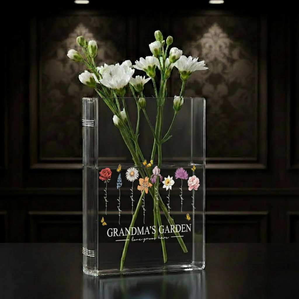 Grandma's Garden Birth Flower Book Vase – Personalized Floral Design Featuring Family Names and a Heartwarming Quote, Perfect Mother's Day Gift