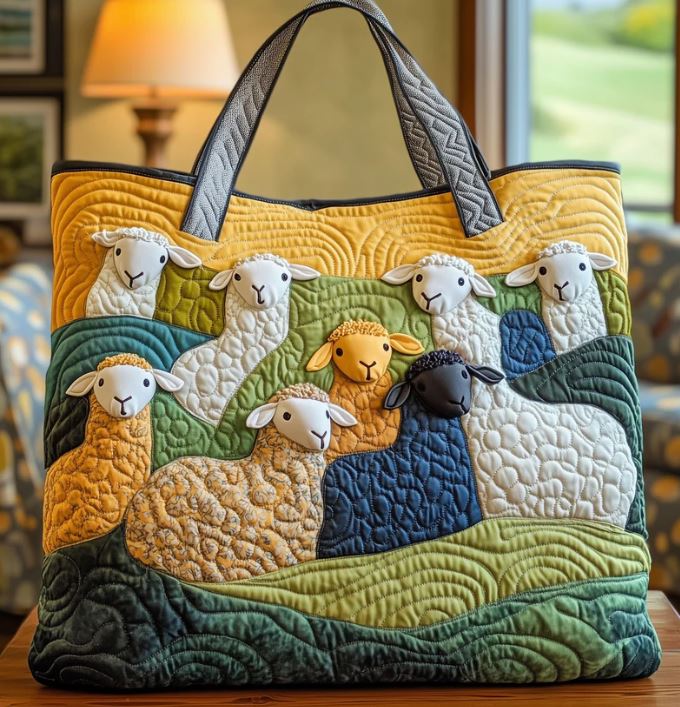 Colorful Sheep Quilted Tote Bag – Farmhouse Lamb Patchwork Shoulder Bag, Cottagecore Market Tote, Cute Animal Lover Gift for Women