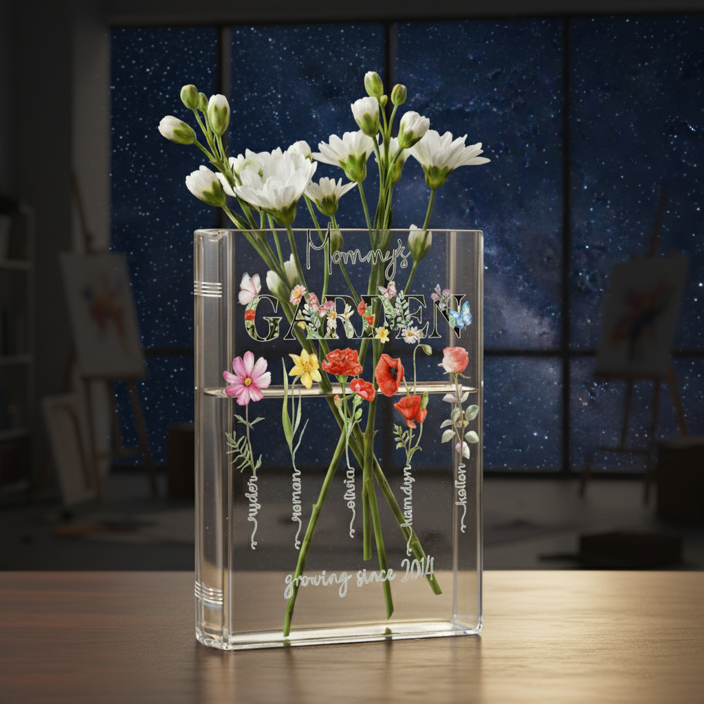 Book Shaped Acrylic Vase for Flowers, Personalized Birth Flower Vase for Mom Grandma, Custom Kids Name Clear Vase, Mothers Day Gift
