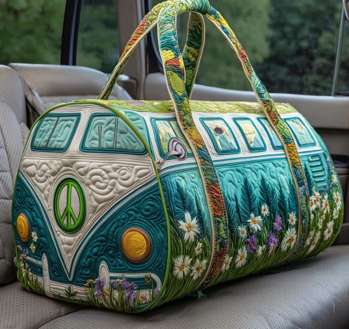 Green Camper Van Quilted Duffle Bag – Nature Floral Travel Weekender Tote, Boho Hippie Overnight Bag, Cute Outdoor Duffel Gift for Women