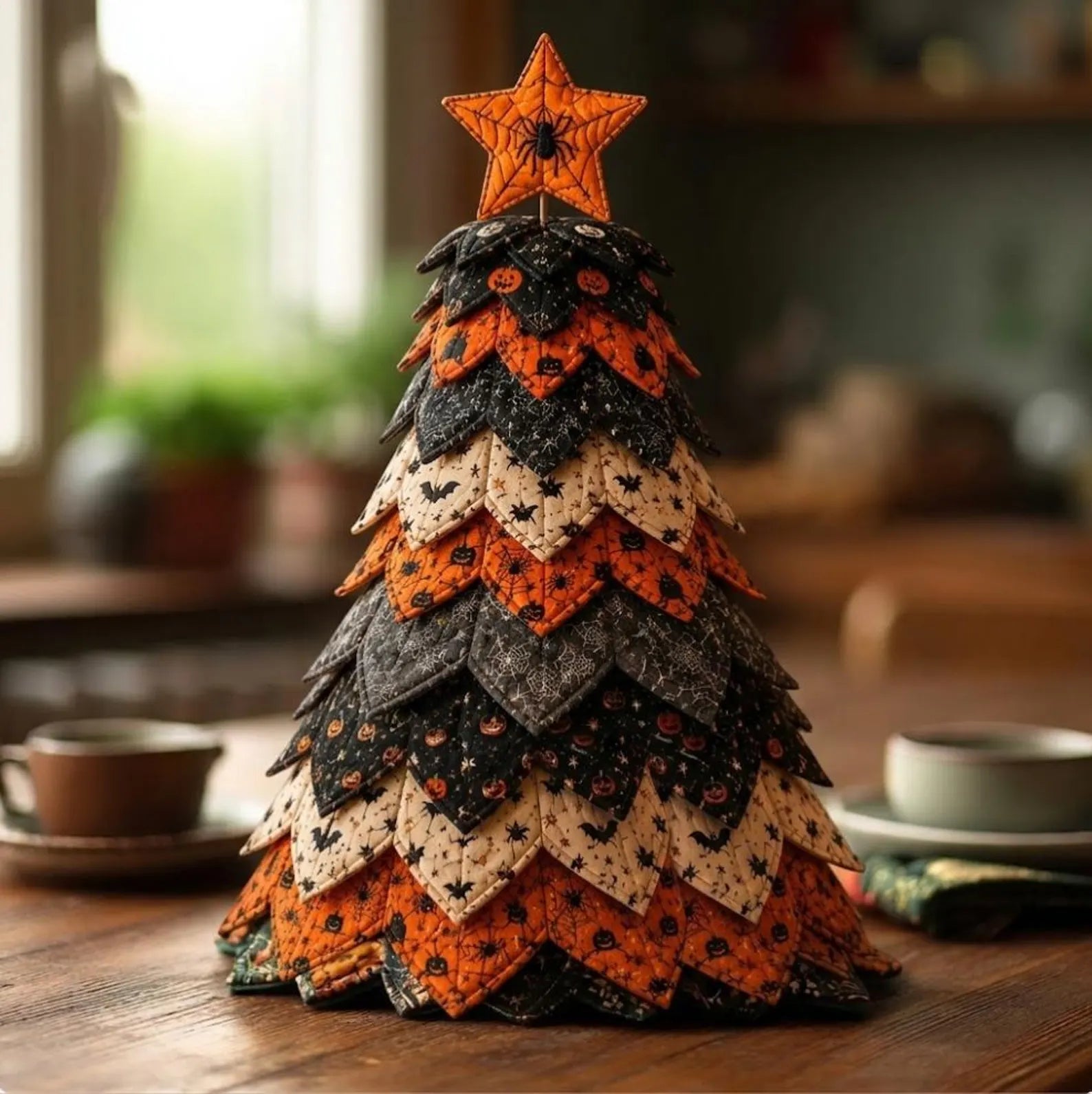 Halloween Star Quilted Fabric Tree Tabletop Decoration, Handmade Pumpkin Bat & Spider Spooky Fall Home Decor QCTPETAL05