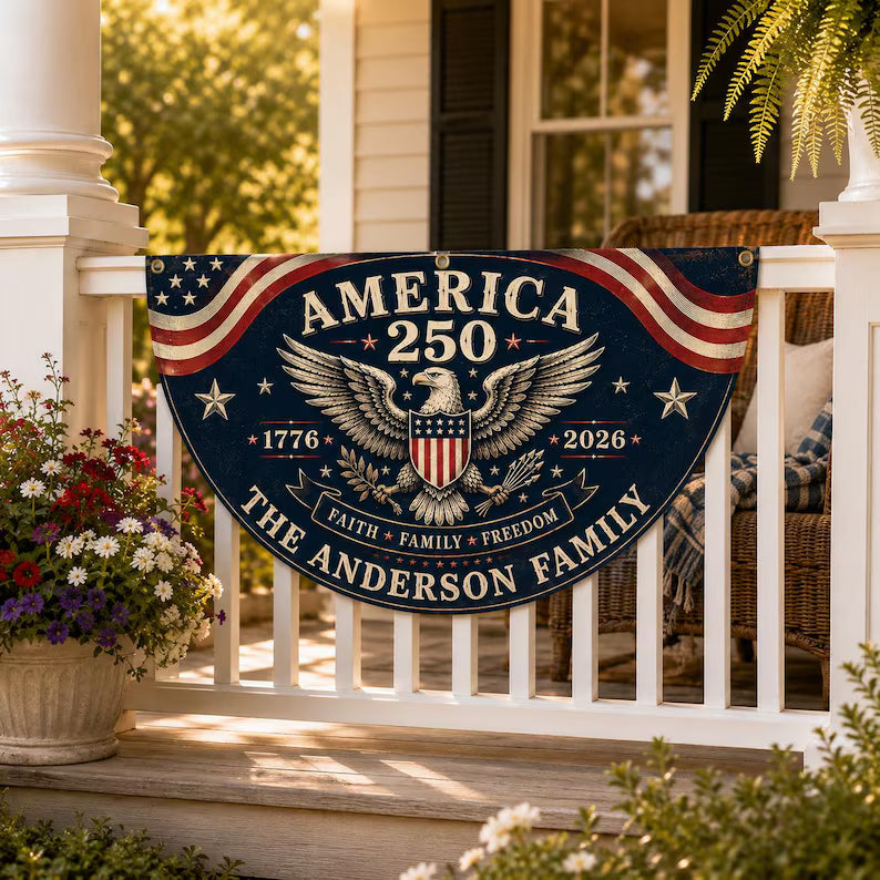Custom 250th Anniversary Fan Flag, Personalized Family Name Patriotic Bunting, 1776-2026 USA Porch Decoration, Outdoor Patriotic Decor BPETAL09