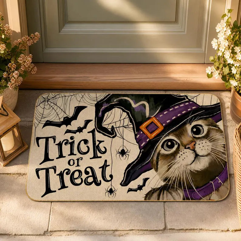 Halloween Cat Doormat Trick or Treat Witch Hat Door Mat Funny Spooky Home Decor. DMPETAL18