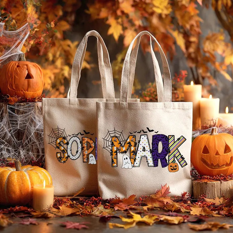 Personalized Halloween Tote Bag, Custom Name Trick or Treat Bag, Cute Ghost Pumpkin Candy Bag, Halloween Party Favor for Kids, Spooky Gift Bag. HLWTBPETAL2