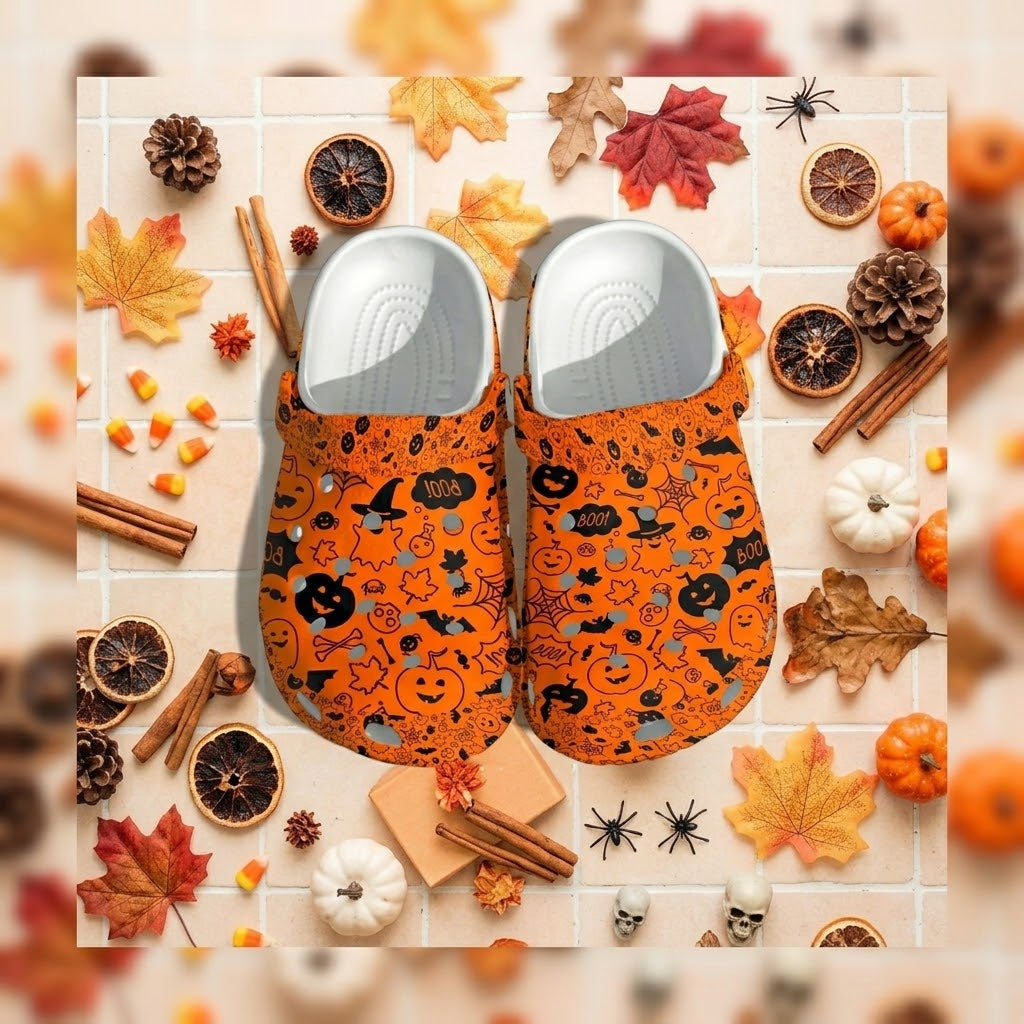 Orange Halloween Pattern Clogs – Pumpkin Ghost Bat Fall Shoes. Happy Halloween Ghost Pumpkin. CLPETAL08