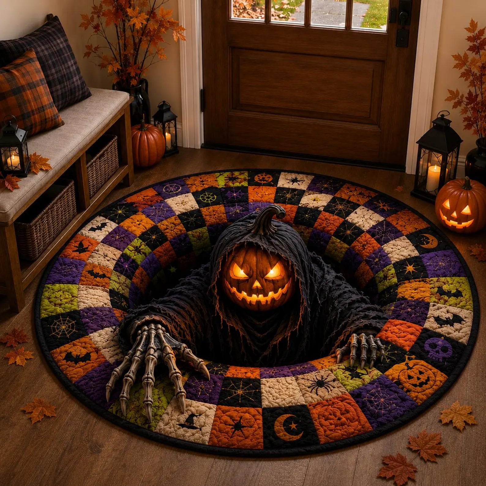 Personalized Quilted Round Halloween Rug, Custom Name Pumpkin Reaper Rug, Spooky Patchwork Decor, Gothic Horror Doormat, Halloween Gift. QRPETAL33