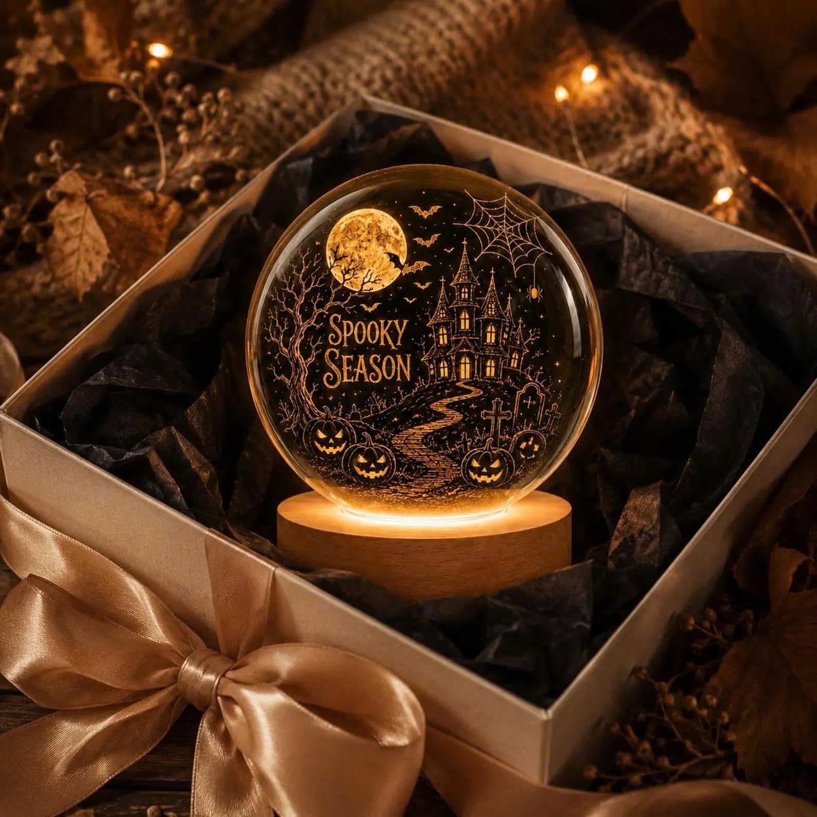 Personalized Halloween Crystal Ball Light, Spooky Season LED Lamp, Custom Name Wood Base. LEDPETAL4