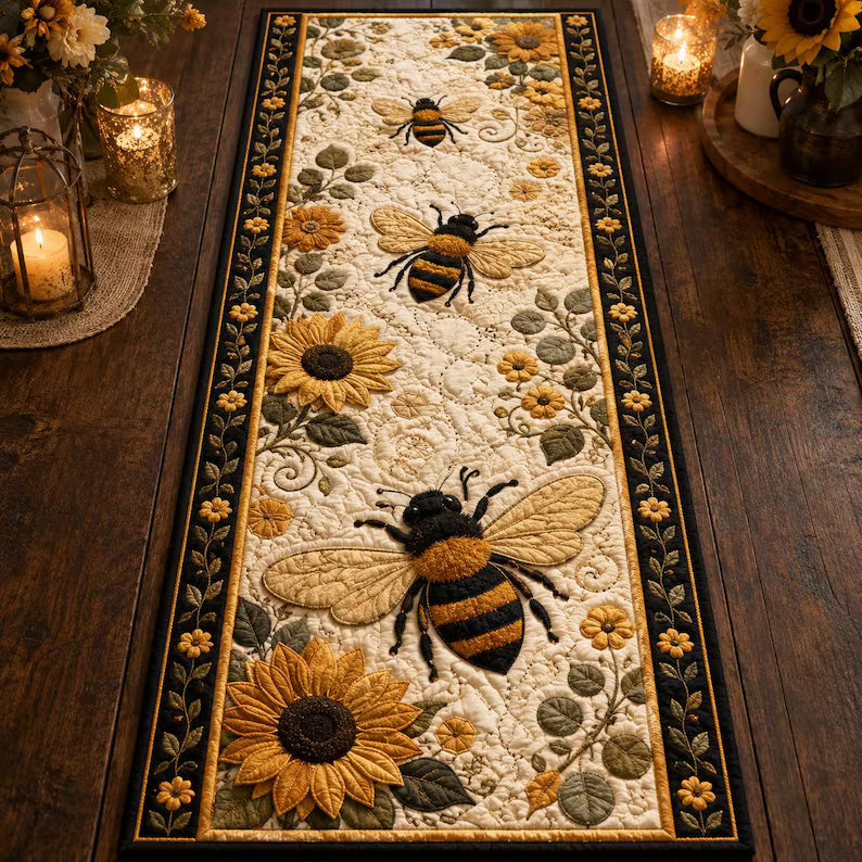 Bee Sunflower Quilted Table Runner, Farmhouse Summer Kitchen Decor. QTRPETAL5