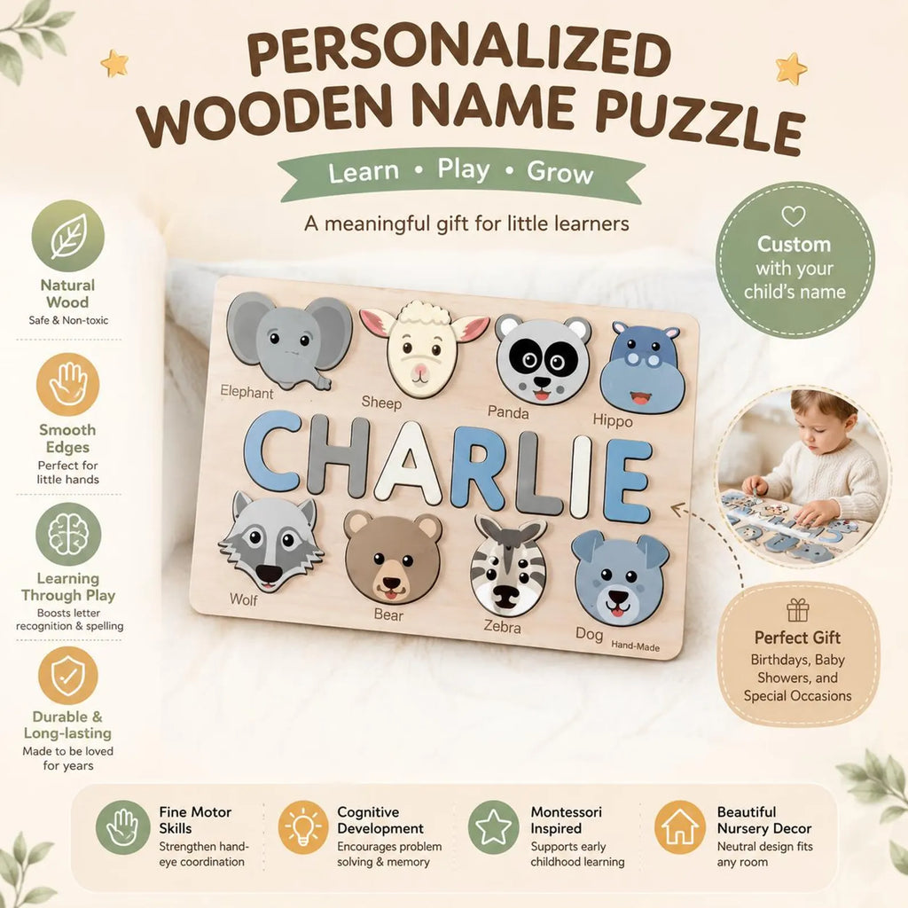 Personalized Wooden Name Puzzle, Custom Flower Toy for Toddler, Baby Girl Nursery Decor, First Birthday Gift, Wooden Floral Matching Game. NPPETAL10