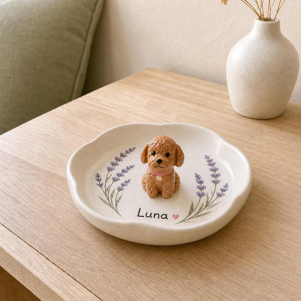 Custom Ceramic Pet Ring Dish, Handmade Dog Cat Jewelry Tray, Lavender Keepsake Storage. CPPETAL13