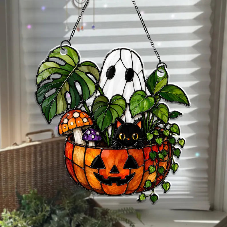 Cute Ghost Plant And Black Cat Acrylic Suncatcher, Pumpkin Window Hanging, Hangings Plant Lover Gift, Black Cat Lover, Halloween Decor. HSPETAL7