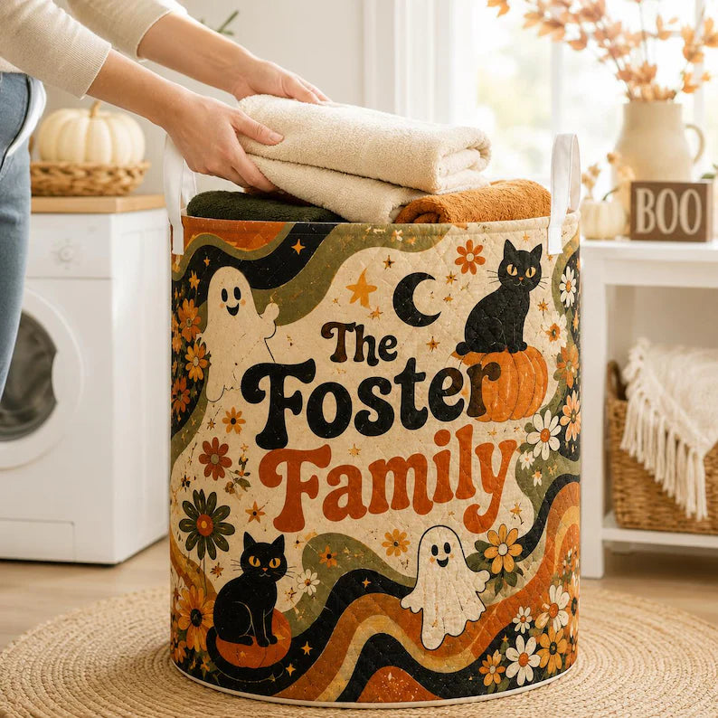Personalized Halloween Quilt Laundry Basket, Custom Family Name Fall Storage Bin, Quilted Laundry Hamper Pumpkin Ghost Cat Home Decor Basket. LBPETAL143