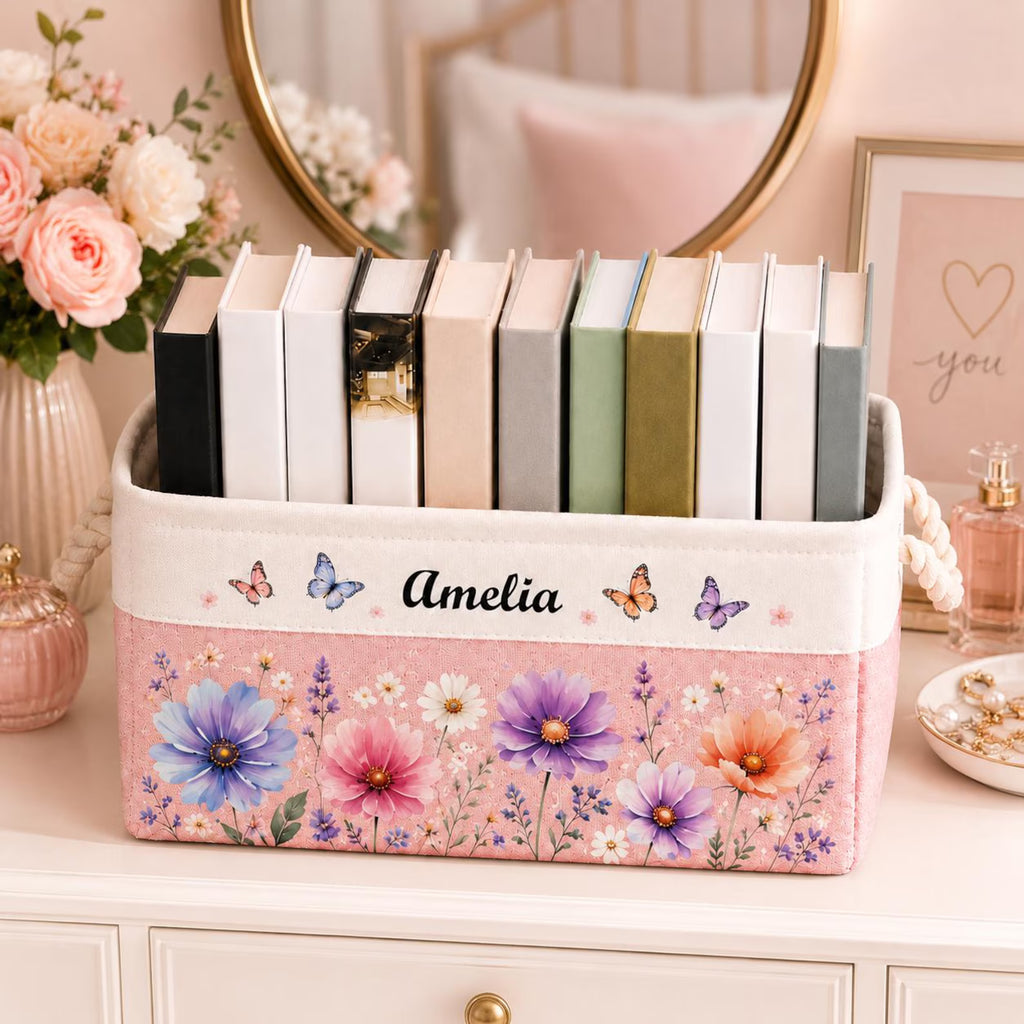 Personalized Teacher Book Storage Basket, Custom Name Classroom Organizer, Floral Butterfly Fabric Bin, Teacher Gift, Classroom Book Basket. BBPETAL9