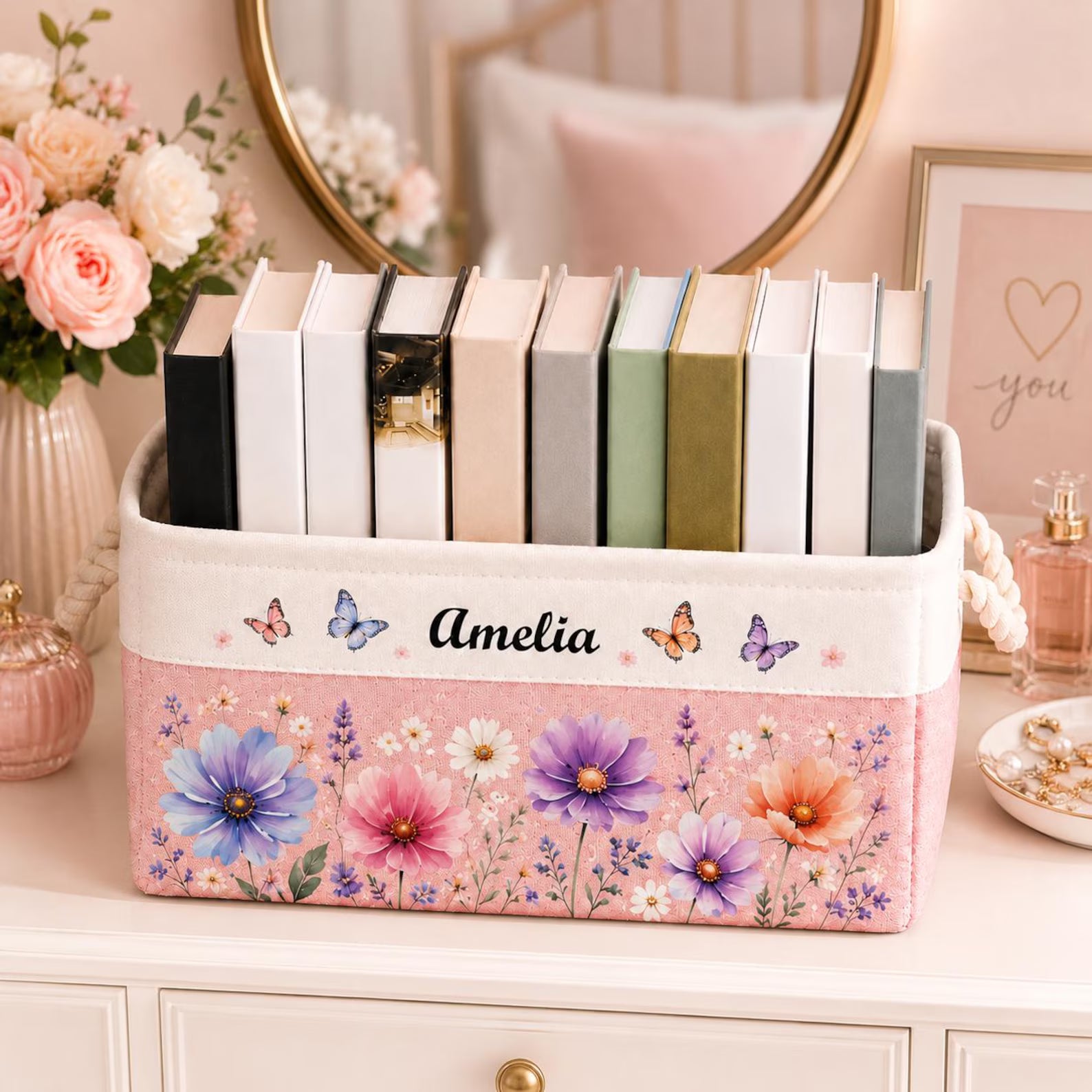 Personalized Teacher Book Storage Basket, Custom Name Classroom Organizer, Floral Butterfly Fabric Bin, Teacher Gift, Classroom Book Basket. BBPETAL9