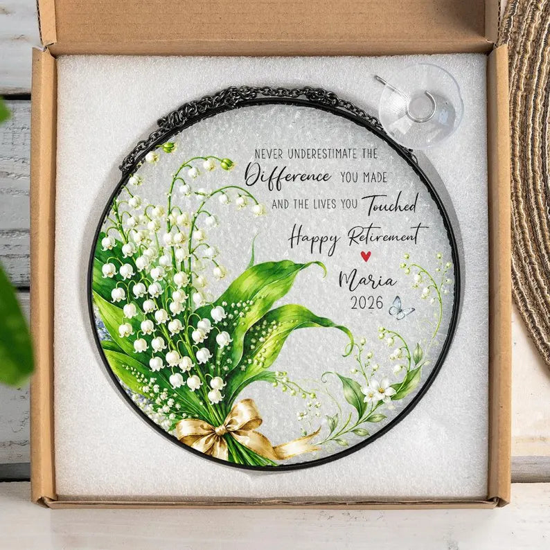 Lily of the Valley Retirement Suncatcher, Custom Teacher Gift, Personalized Window Hanging, Retirement Decor. SUNPETAL13