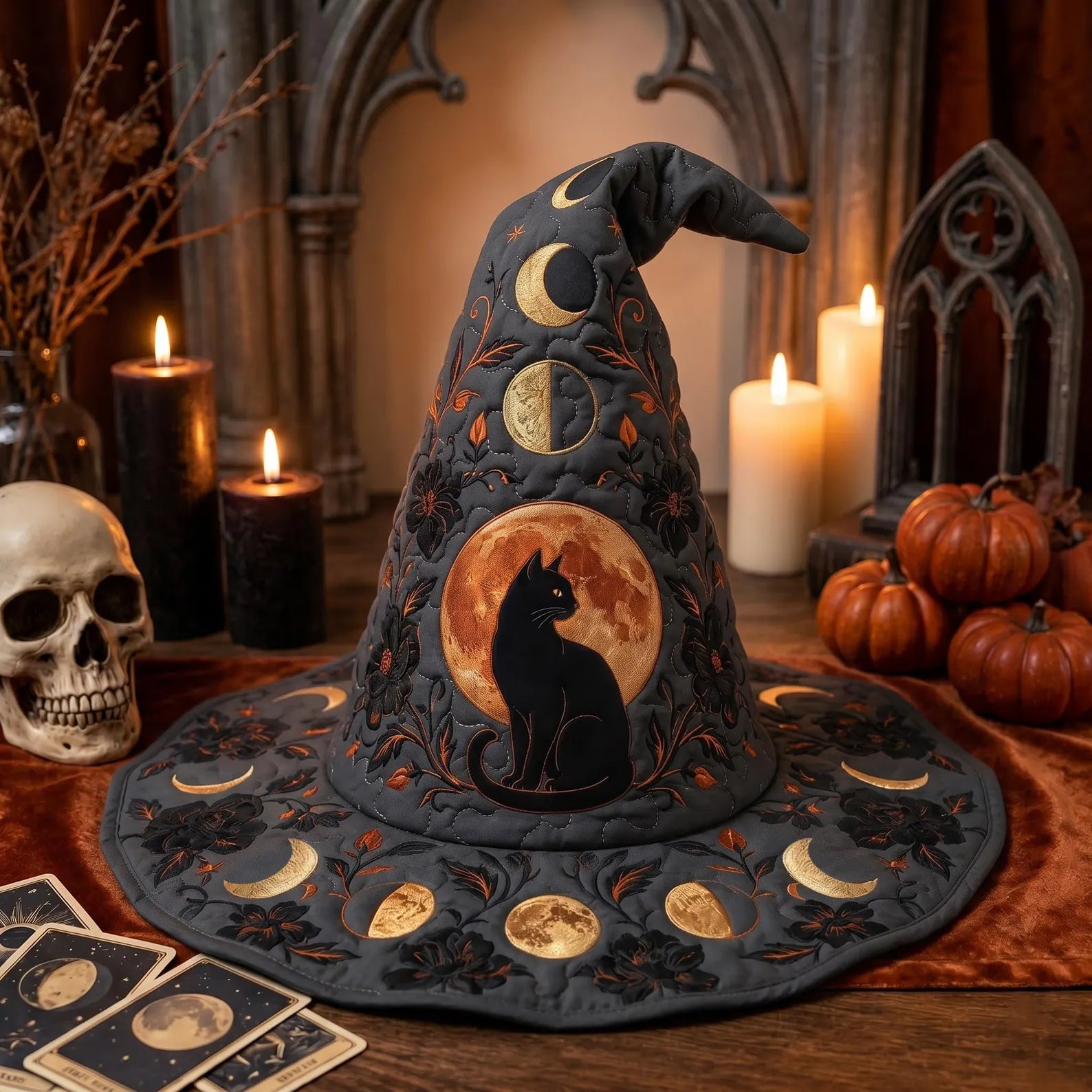 Quilted Witch Hat, Black Cat Moon Halloween Costume, Celestial Gothic Witchcore Accessory, Spooky Gift. QWHPETAL20