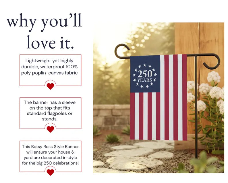 250th Anniversary Betsy Ross Porch Flag, Patriotic 2026 Outdoor Yard Decor, 250th Birthday Garden Flag Made in USA. GFPETAL10