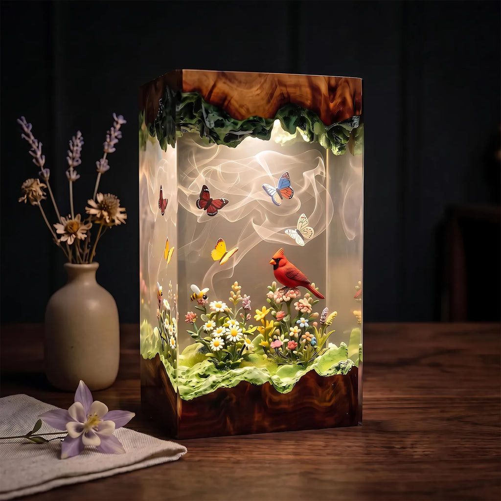 Red Cardinal Memorial Resin Lamp, Heavenly Garden Scene, Butterfly and Floral Night Light, Handmade Epoxy Decor, Christmas Gift. RLPETAL14