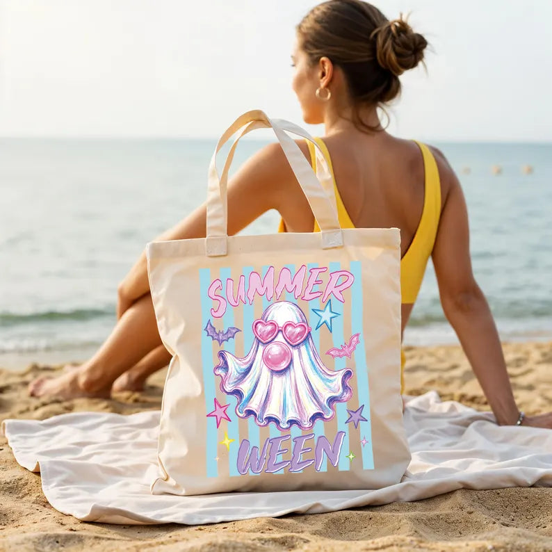 Halloween Summer Tote Bag, Funny Beach Tote, Spooky Season Gift Bags, Ghost Pumpkin Tote. HLWTBPETAL13