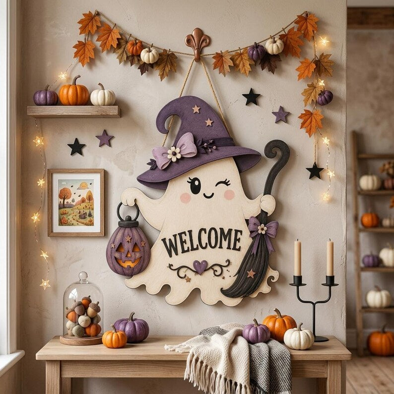 Cute Ghost Welcome Door Hanger, Halloween Wooden Door Sign, Spooky Ghost Decor with Witch Hat, Front Porch Halloween Decoration. HLWDHPETAL15