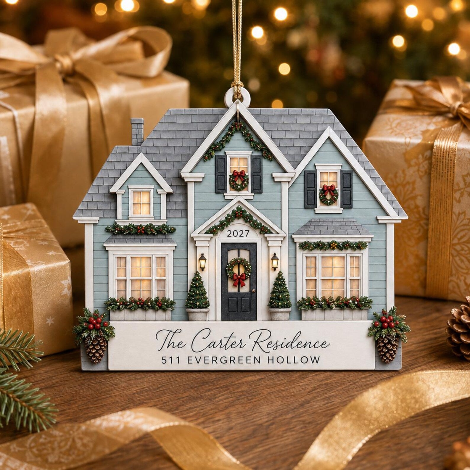 Personalized 2D Flat House Christmas Ornament, Custom New Home Wooden Ornament, Family Address Gift, Housewarming Keepsake COPETAL03
