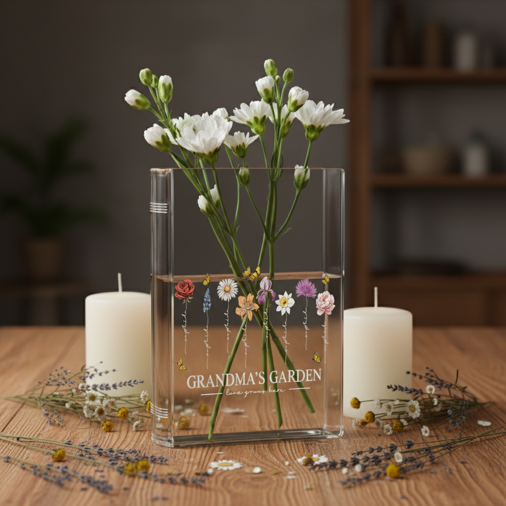 Grandma's Garden Birth Flower Book Vase – Personalized Floral Design Featuring Family Names and a Heartwarming Quote, Perfect Mother's Day Gift