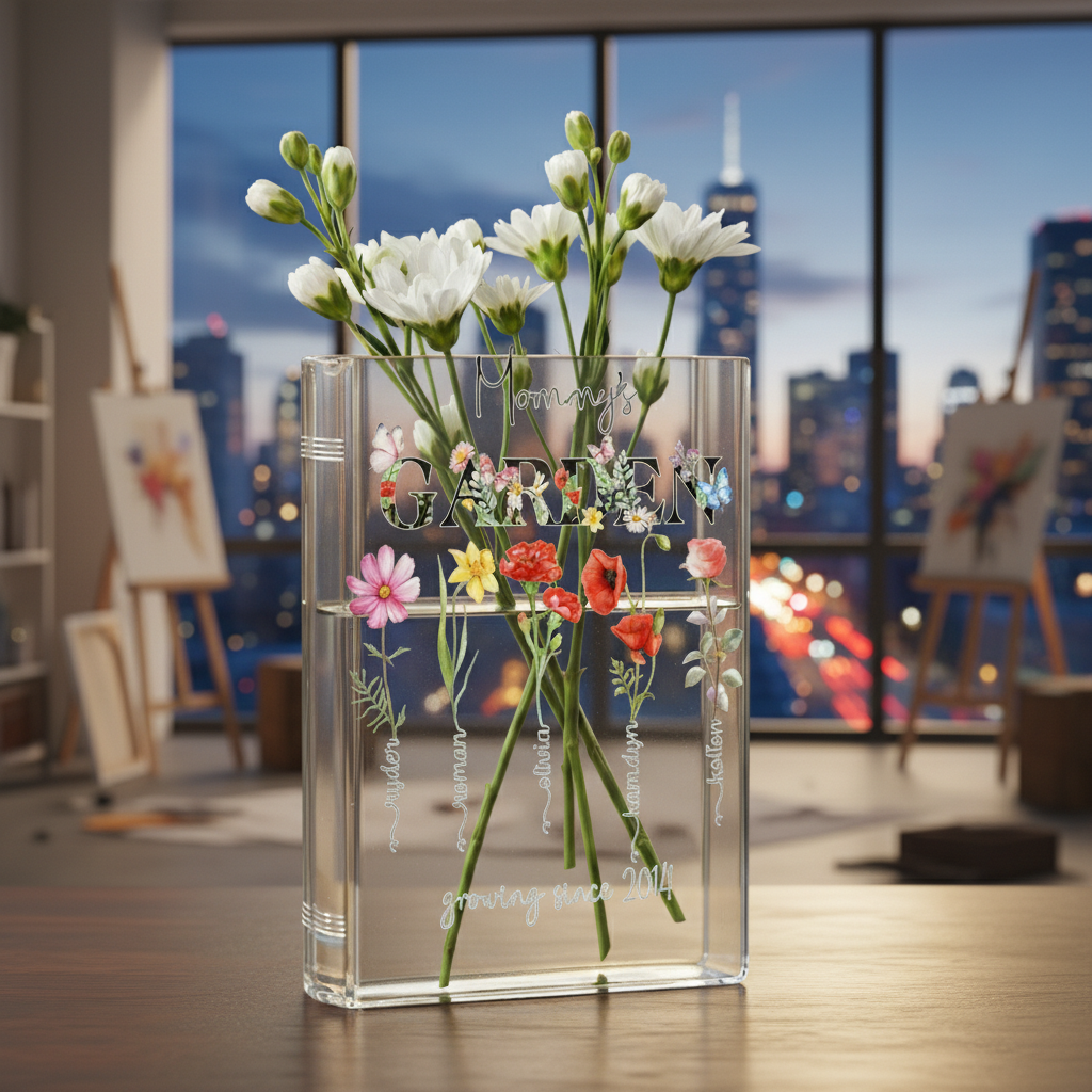 Book Shaped Acrylic Vase for Flowers, Personalized Birth Flower Vase for Mom Grandma, Custom Kids Name Clear Vase, Mothers Day Gift
