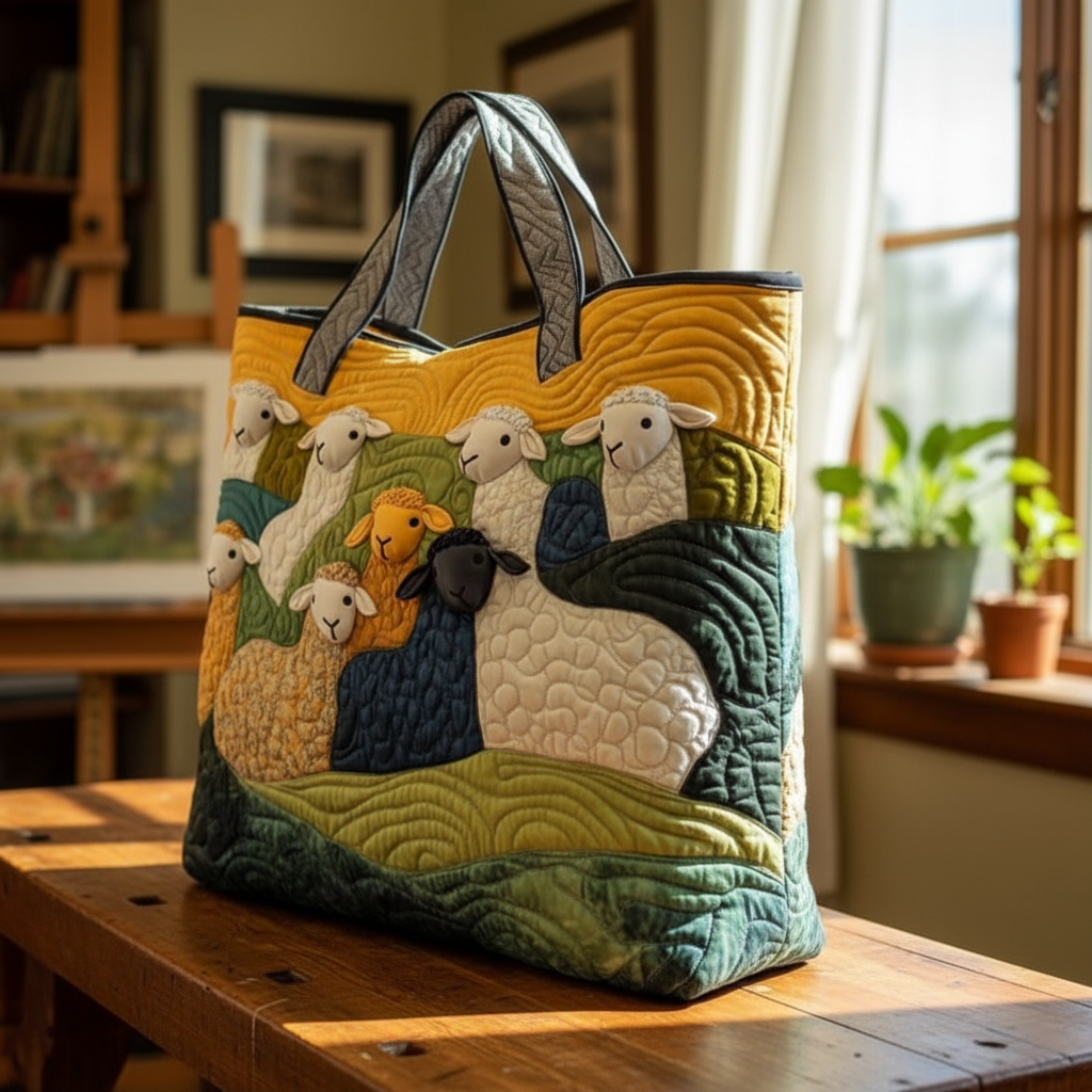 Colorful Sheep Quilted Tote Bag – Farmhouse Lamb Patchwork Shoulder Bag, Cottagecore Market Tote, Cute Animal Lover Gift for Women