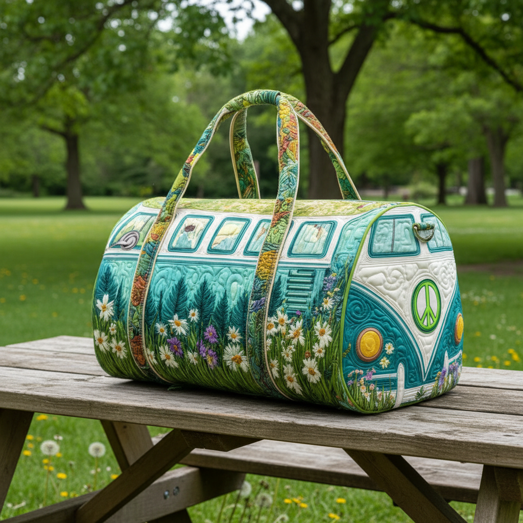 Green Camper Van Quilted Duffle Bag – Nature Floral Travel Weekender Tote, Boho Hippie Overnight Bag, Cute Outdoor Duffel Gift for Women