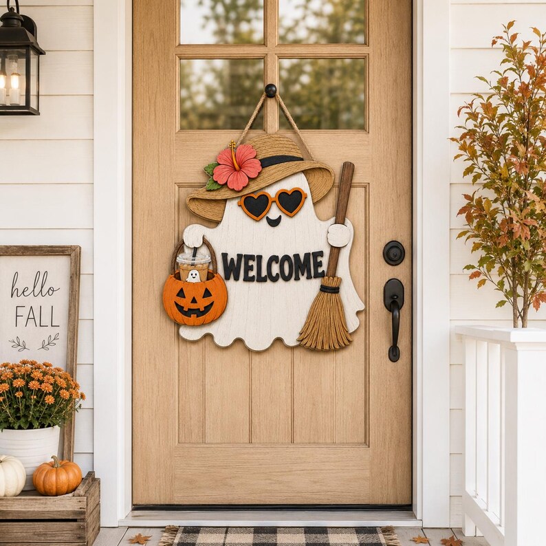Halloween Summer Ghost Wood Door Sign with Welcome Text. HLWDHPETAL14