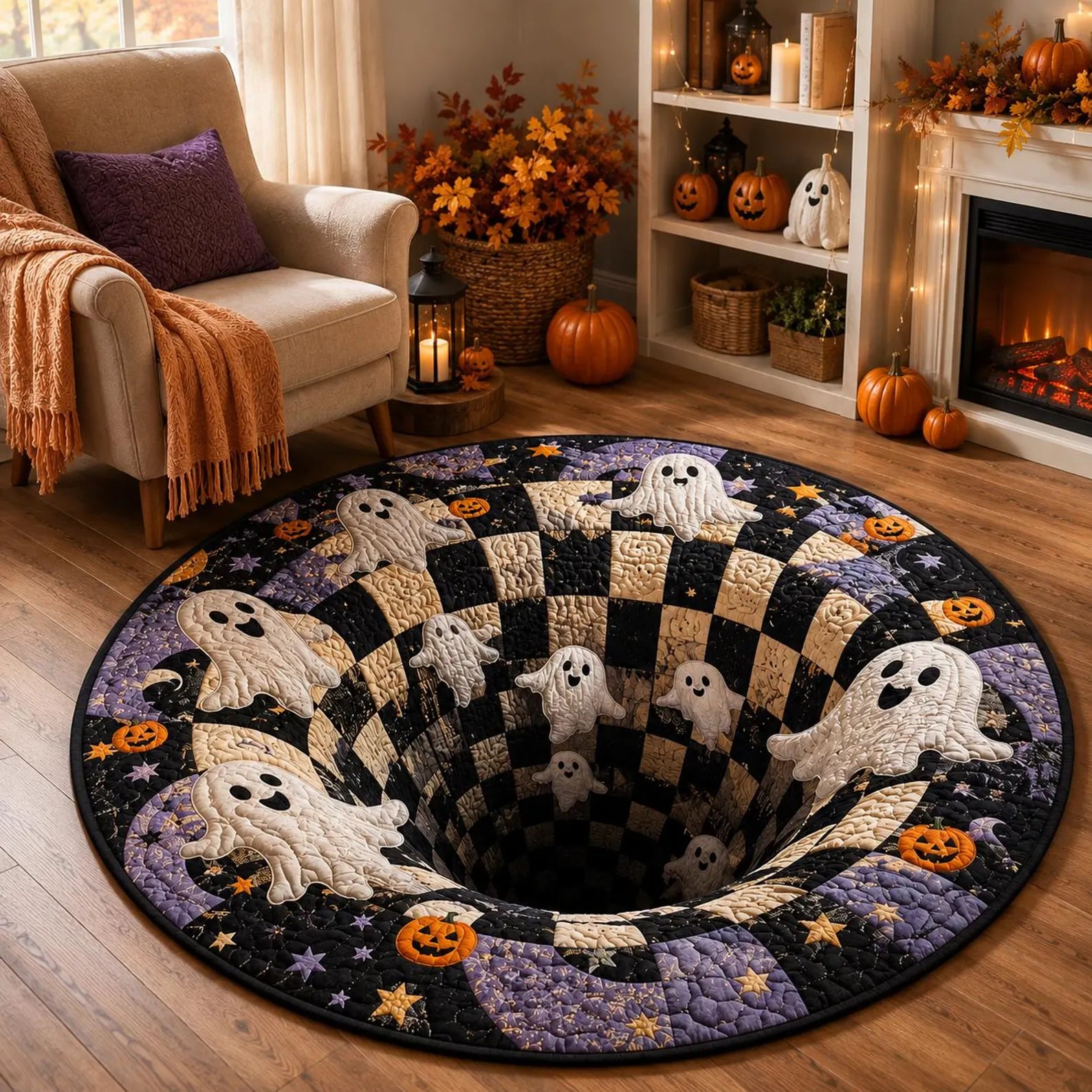 3D Illusion Skull Vortex Round Rug, Halloween Horror Skeleton Carpet, Non Slip Floor Mat, Living Room Bedroom Decor, Spooky Gift,3D Skeleton. QRPETAL19