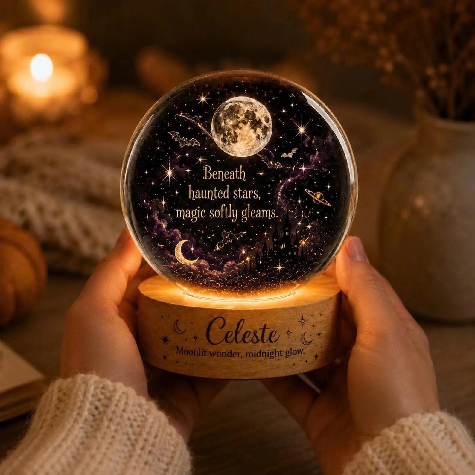 Personalized Celestial Halloween Night Light, Custom Name Moon Stars Lamp, Witchy Nursery Decor. LEDPETAL16